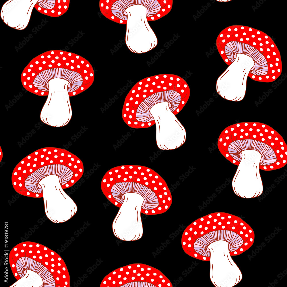 Seamless pattern with cute red fly-agaric amanita mushrooms. Wallpaper,  textile design. Stock Vector | Adobe Stock