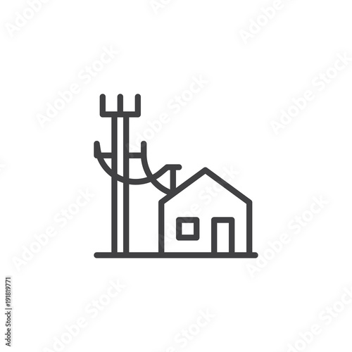 Electric poles line and house line icon, outline vector sign, linear style pictogram isolated on white. Electric power supply symbol, logo illustration. Editable stroke