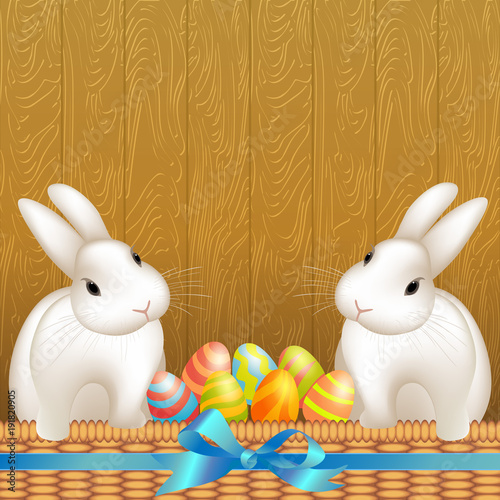 Vector happy easter card. Cute white easter bunny in woven basket, easter eggs and willow twigs, Wooden background