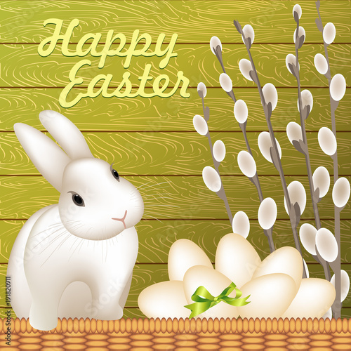 Vector happy easter card. Cute white easter bunny in woven basket, easter eggs and willow twigs, Wooden background