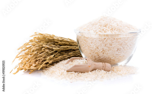 Pile of white rice in bowl on white background