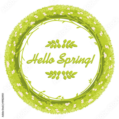 Hello Spring card in green color gamut. Tree twigs with foliage. Vector illustration