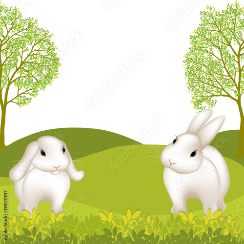 Spring landscape with green swells of the ground, grass and trees. Easter egg hunt scene with two easter bunny. Vector illustration