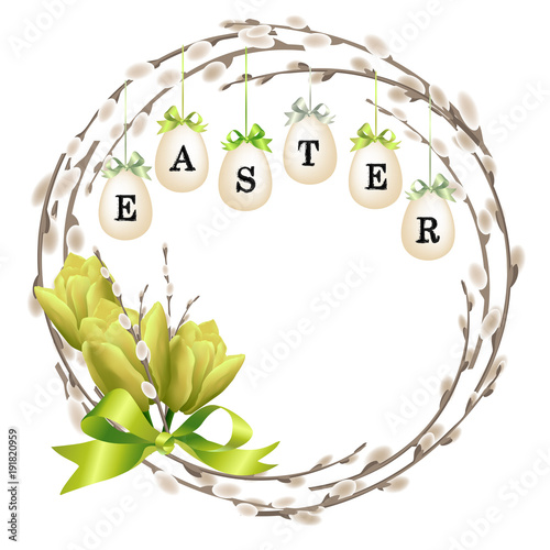 Easter wheath made from willow branches, hanging eggs with inscription and tulip flowers with bow. Vector illustration
