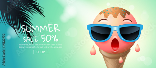 summer sale , cartoon, ice cream , face, layout design, greeting card, cover book, banner,  template design, vector illustration