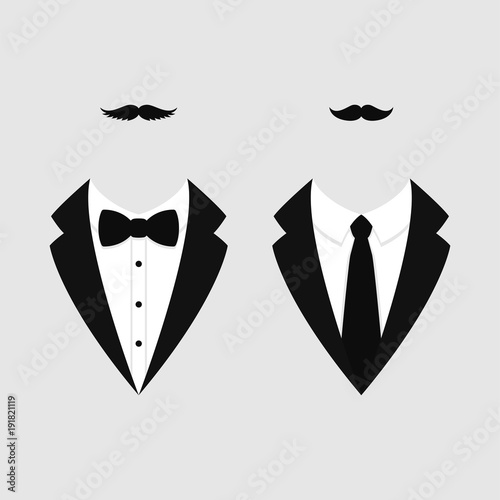 Men's jackets. Tuxedo with mustaches. Weddind suits with bow tie and with necktie. Vector icon.