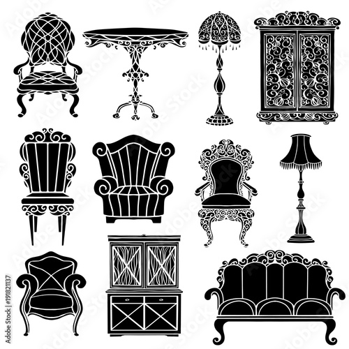 Vintage furniture set, armchair, sofa, table, floor lamp, cupboard