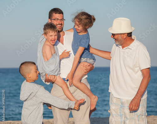 Happy Generations Family Sea Father Kids Grandfather