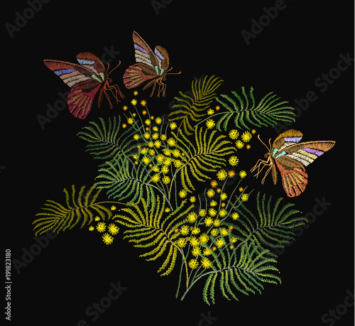 Embroidery mimosa flowers and butterflies. Fashion template for clothes, textiles, t-shirt design. Classical embroidery vintage yellow mimosa brunch and tropical butterflies