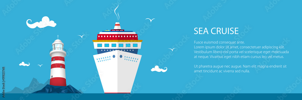 Obraz premium Banner of Marine Tourism, Cruise Ship and Lighthouse at the Ocean and Text ,Travel Concept, Vector Illustration