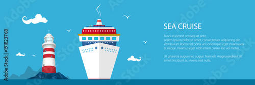 Banner of Marine Tourism, Cruise Ship and Lighthouse at the Ocean and Text ,Travel Concept, Vector Illustration