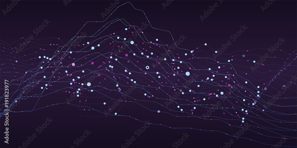 Big data stream futuristic infographic. Quantum computing, cryptography, trendy technologies infographic. Colorful particle wave. Bigdata visualization. Abstract visual data vector design. - obrazy, fototapety, plakaty 