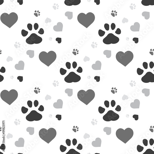 Seamless pattern dog paw and cat paw heart love puppy foot print kitten valentines day. Template for your design. Vector illustration. Isolated on white background photo