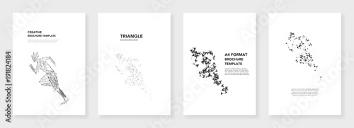 Minimal brochure templates. Triangle elements on white background. Technology sci-fi concept for sports industry, abstract vector design. Templates for flyer, leaflet, brochure, report, presentation.