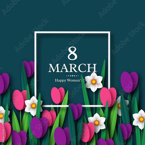 March 8 greeting card for International Womans Day. Paper cut tulips and narcissus . Vector illustration.
