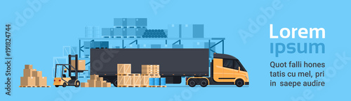 Lorry Loading With Forklift, Cargo Container Truck Warehouse Building. Shipping And Transportation Concept Horizontal Banner With Copy Space Flat Vector Illustration