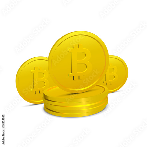 Bitcoins Isolated on White Background. Few Realistic 3D Gold Crypto Coins. Vector illustration of Electronic Virtal Money. Cryptographic Currency.