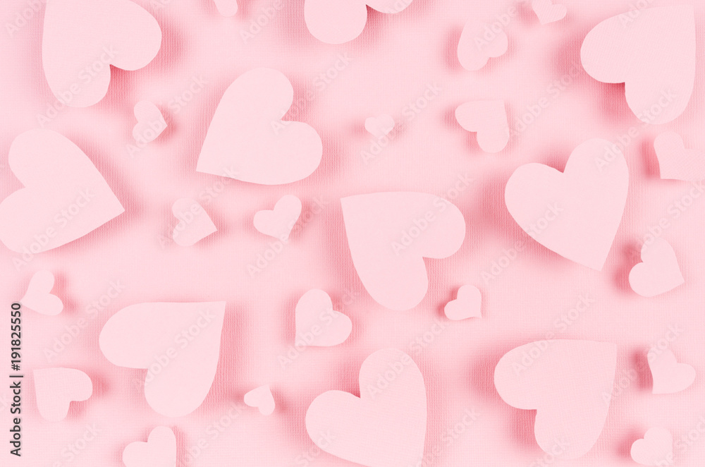Paper pink hearts fly on soft pink color background. Valentine day concept for design. - obrazy, fototapety, plakaty 