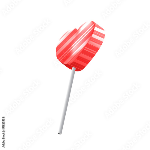 Vector Realistic Heart Lollipop with Stripes Isolated on White Background. Love Symbol. Valentines Day Symbol. Vector Illustration of Red Sweet Candy on Stick.