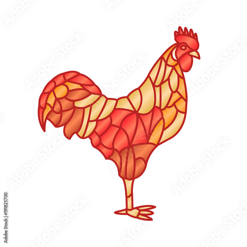 Red Fire Rooster Isolated on White Background. Rooster Symbol in Chinese Zodiac. Vector Illustration of Rooster in Stained Glass Decorative. Vector Illustration.