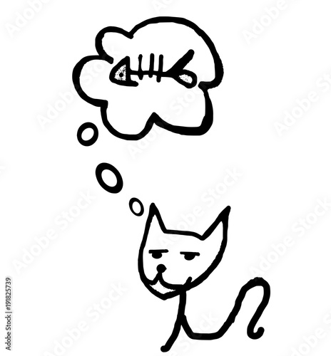 black cat dreaming of eating a fish on white