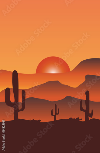 Desert with cactus at sunset illustration