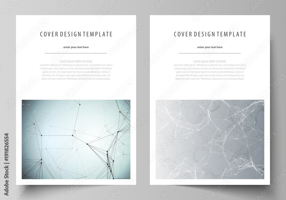 Business templates for brochure, magazine, flyer, booklet. Cover design template, vector layout in A4 size. Chemistry pattern, connecting lines and dots, molecule structure, medical DNA research.