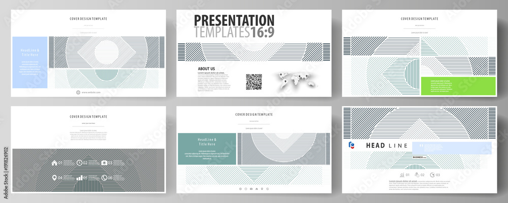 Business templates in HD format for presentation slides. Abstract vector layouts in flat design. Minimalistic background with lines. Gray color geometric shapes forming simple beautiful pattern.
