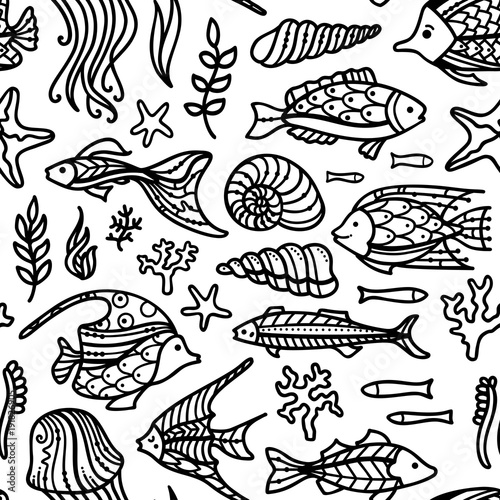 Vector seamless doodles underwater ocean pattern.