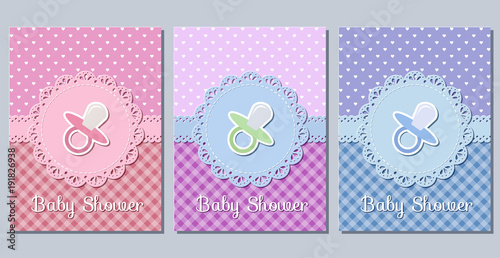 Baby shower cards. Cute invitation for baby shower party lacy frames. Vector illustration. Set greeting background in pastel colors for boy, girl with soother. Holiday templates of die laser cutting.