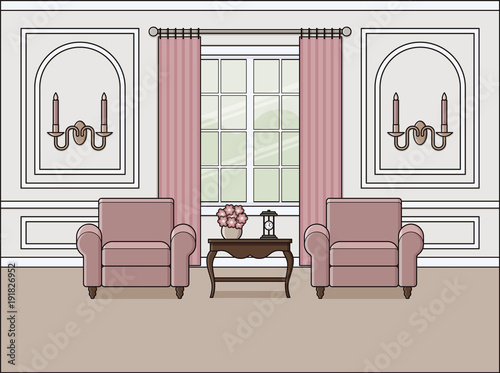 Living room interior. Vector. Room in flat design. Linear background. Home space with furniture in line art. Salon in classic style with window. Outline illustration. Cartoon house in pastel colors