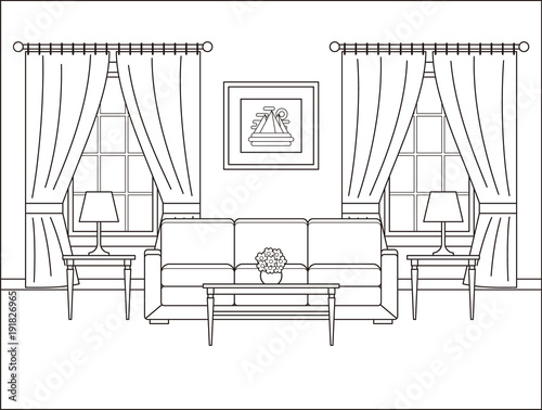 Living room interior. Linear room in flat design with window. Vector. Outline background. Home space with furniture in line art. Coloring page. Salon. Thin line illustration. Cartoon house sketch.