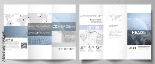 The minimalistic abstract vector illustration of the editable layout of two creative tri-fold brochure covers design business templates. World globe on blue. Global network connections, lines and dots