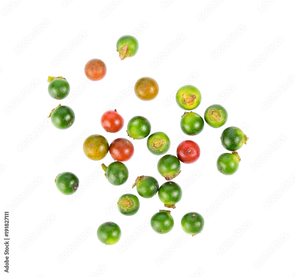 Fresh ripe green and red Peppercorns isolated on white background, Top view.