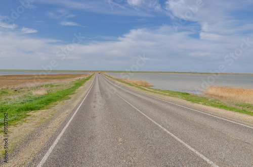 highway crossing salt lake Manych-Gudilo at the border of Stavropol region and Kalmykia