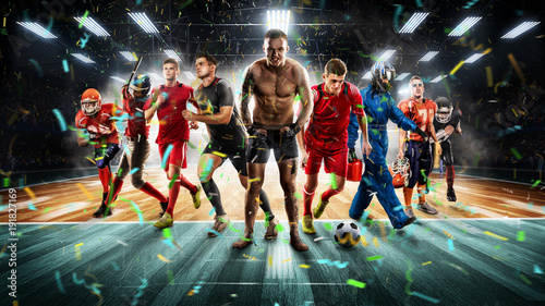 players of different sports on the vollayball stadium 3D rendering photo