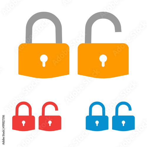 Lock icon. Padlock sign. Lock and unlock.  Set- red, blue, yellow-grey Vector illustration. Flat design. 