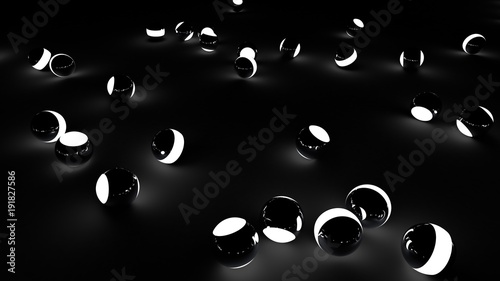 Neon balls on a black background. Abstract chaotic glowing spheres. Futuristic background. Hi-res illustration for your brochure, flyer, banner designs and other projects. 3d render illustration.