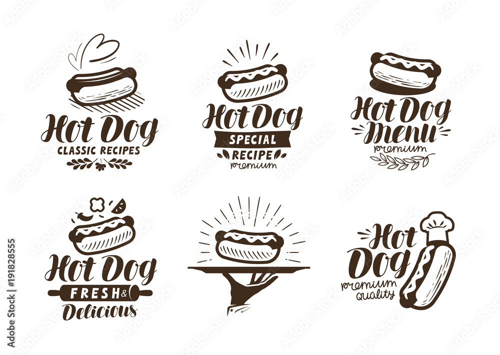 Hot dog logo or label. Fast food, takeaway icon. Lettering vector illustration