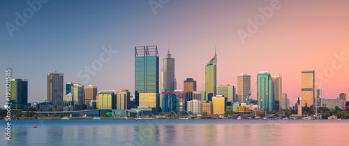 Perth. Panoramic cityscape image of Perth skyline  Australia during sunset.