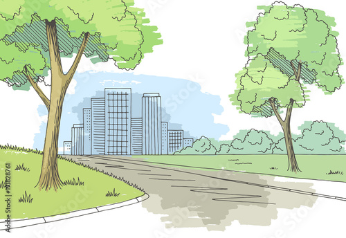 Fototapeta Naklejka Na Ścianę i Meble -  Street road graphic color city landscape sketch illustration vector