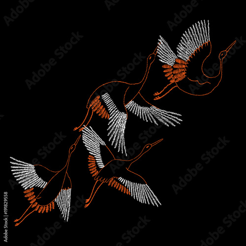 Crane bird, flowers, rose, rose-hip, plant. Traditional folk stylish stylish embroidery on the black background. Sketch for printing on clothing, fabric, bag, accessories and design. Vector, trend