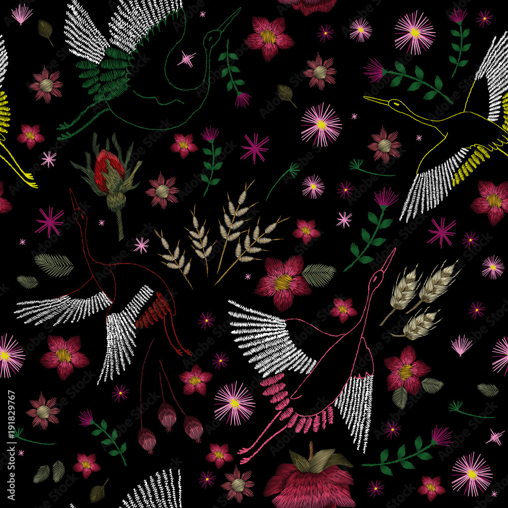 Naklejka premium Crane bird, flowers, rose, rose-hip, plant. Traditional folk stylish stylish embroidery on the black background. Sketch for printing on clothing, fabric, bag, accessories and design. Vector, trend