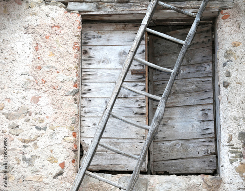 ancient wooden door and a long old ladder in the farmhouse