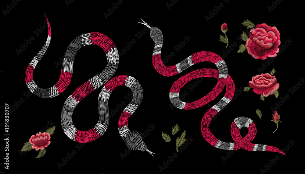 Fototapeta premium snake and red forbidden strawberry fruit. Traditional stylish floral embroidery stitch on a black background. Sketch for printing on fabric, clothing, bag, accessories and design. Vector, trend