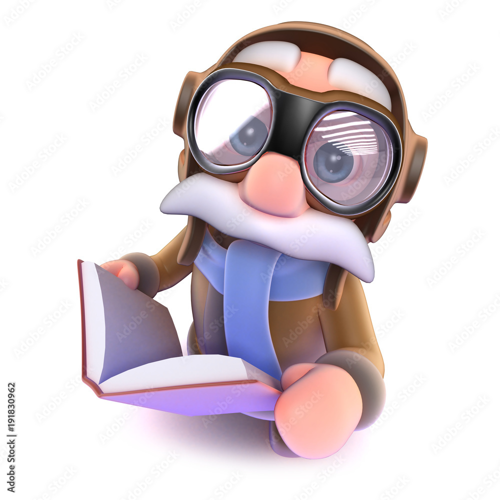 3d Funny cartoon airline pilot character reading a book Stock Illustration  | Adobe Stock