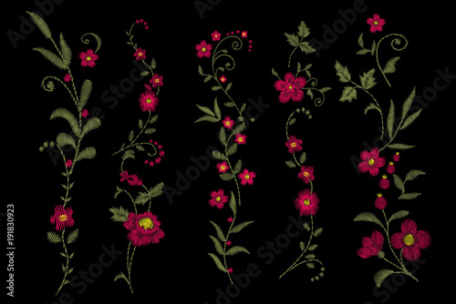  white lace. Traditional folk flower fashionable embroidery on the black background. A bouquet of roses and a dog rose, for printing on clothes, vector