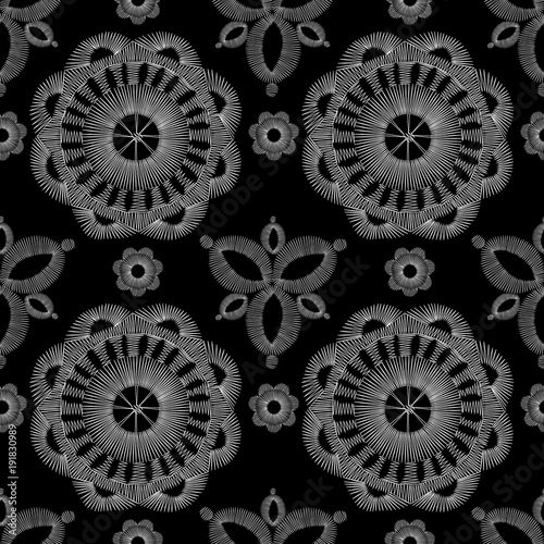  white lace. Traditional folk flower fashionable embroidery on the black background. A bouquet of roses and a dog rose, for printing on clothes, vector