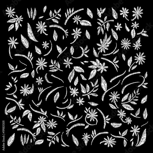  white lace. Traditional folk flower fashionable embroidery on the black background. A bouquet of roses and a dog rose, for printing on clothes, vector