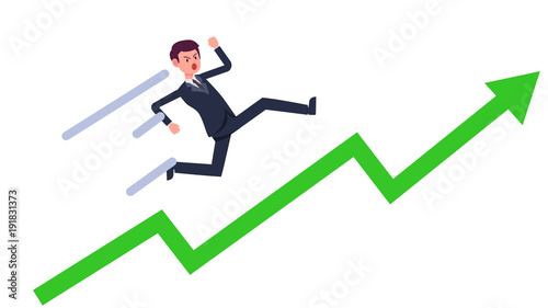 Young businessman running up with green growing graph vector.Cartoon business man rise with line.Success and business goal concept